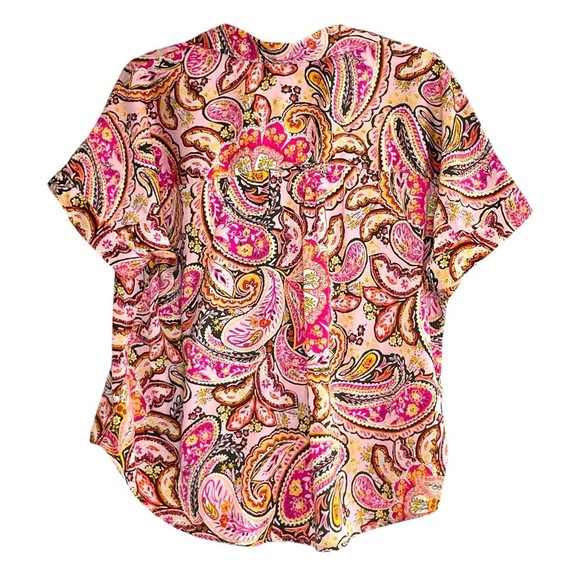 Single Thread Pink Paisley Satin Like Top with Collar, Paisley Print Blouse S - Picture 8 of 14